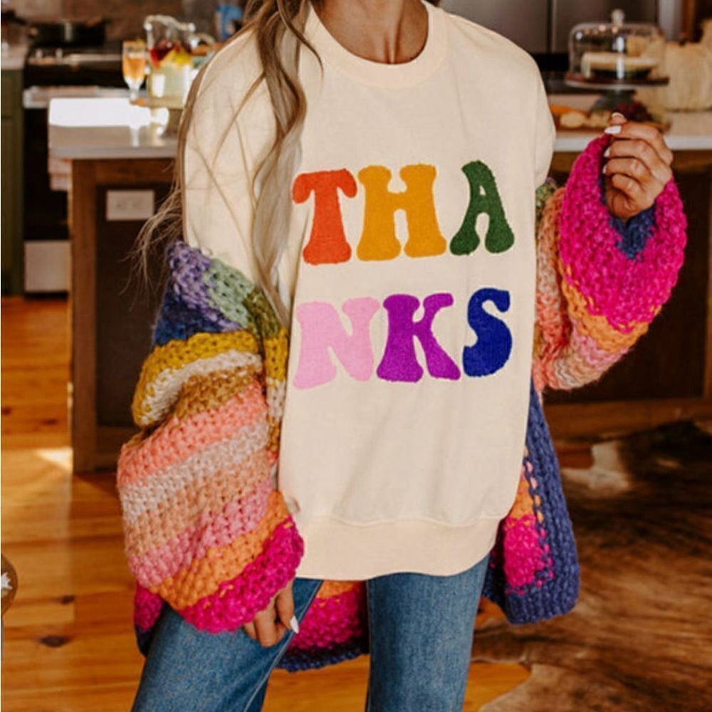THANKS Thanksgiving Chenille Letters Sweatshirt